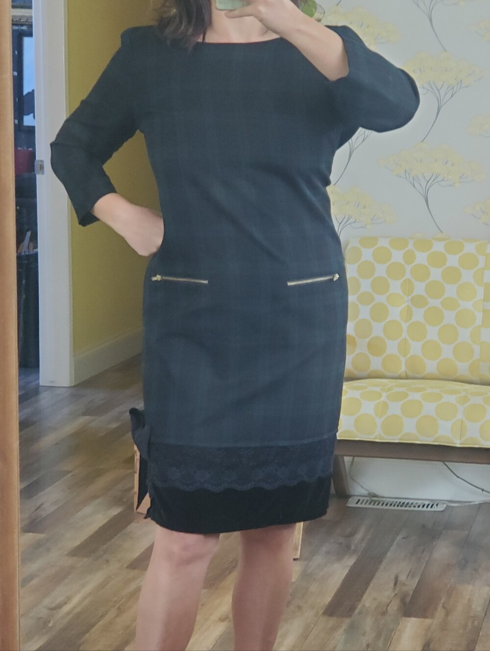 EUC Hunter Green & Black Plaid Shift Midi Dress w/ Added : Lace, Velvet, Bow S-M